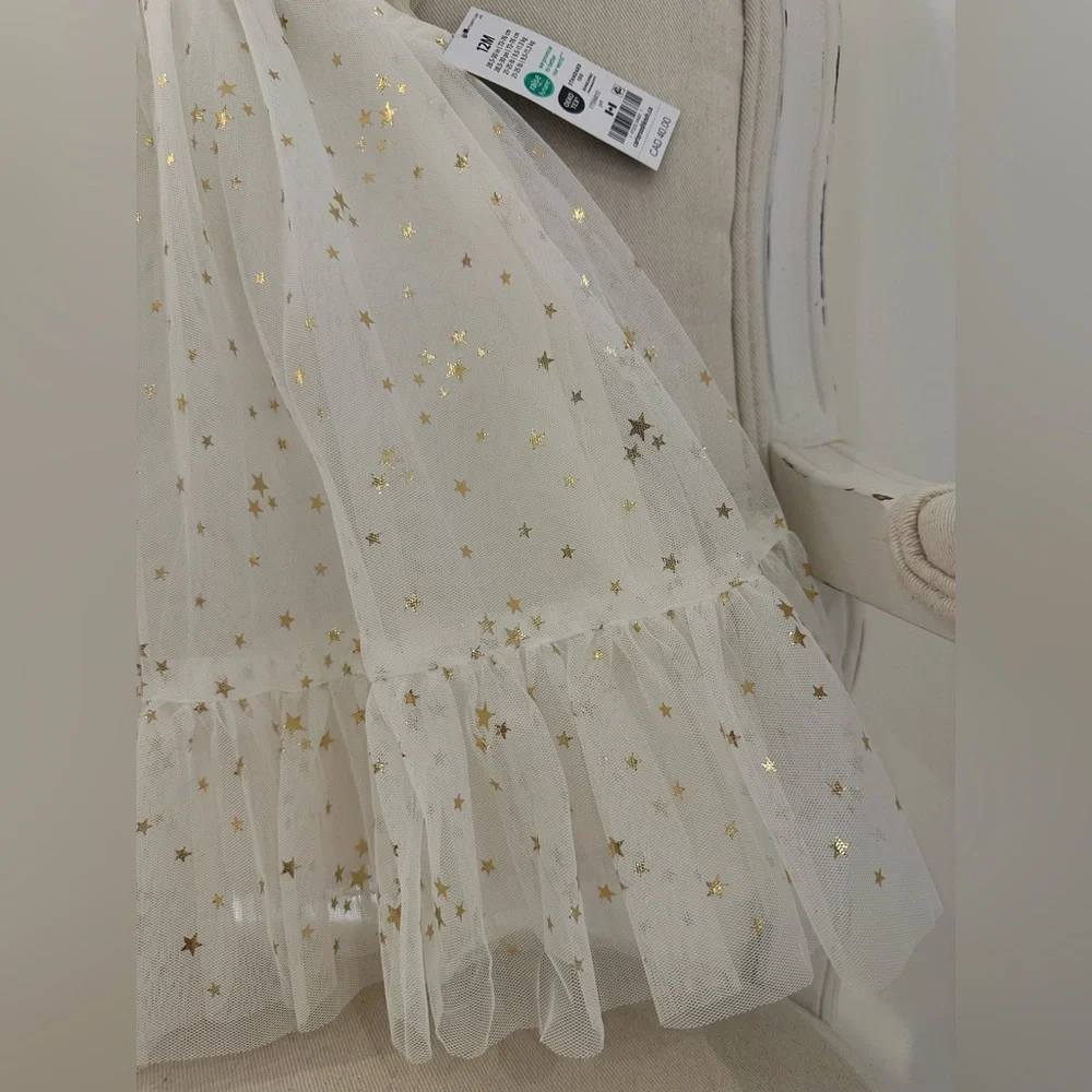 🦢 12 Mth Oshkosh Ivory Tulle Fancy Dress with Gold Star Details NWT - Picture 10 of 14